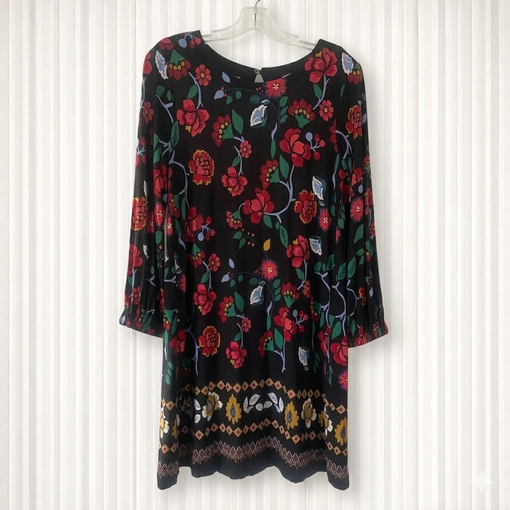 Loft Black Floral Long Sleeve Swing Dress Size Medium Petite